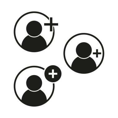 Kullanıcı simge ekler. Yeni temas sembolü. Profil artı Vektör. Yaratılış işaretlerini hesapla. EPS 10.