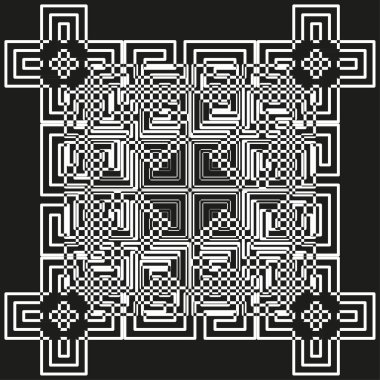 Karmaşık desen çizimi. Soyut kare tasarımı. Birbirine kenetlenmiş geometrik şekiller. Vektör optik labirent. EPS 10.