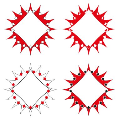 Dört yıldız patlaması çerçevesi. Kırmızı açılı şekiller. Geometrik sınır vektörü. Dekoratif elementler. EPS 10.