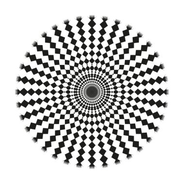 Çift merkezli dama tahtası deseni. Boyutlar arası hayali illüzyon. Optik halka vektörü. Dairesel kaleydoskopik tasarım. EPS 10.