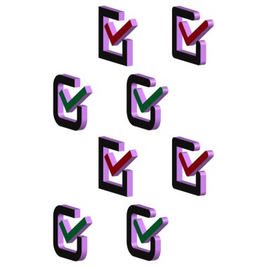 İşaretli kutu seçim simgeleri. İzometrik işaretler. Kırmızı yeşil mor. Vektör arayüzü. EPS 10.