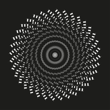 Eşmerkezli spiral desen. Beyaz piksel tasarımı. Soyut optik şekil. Vektör girdap çizimi. EPS 10.