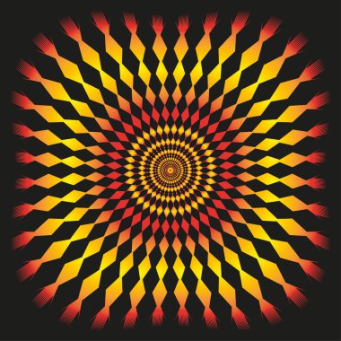 Kaleydoskopik güneş patlaması manzarası. Parlak çiçek patlaması. Hipnotik tesselleştirilmiş Vektör. Çoklu renkli havai fişek illüzyonu. EPS 10.