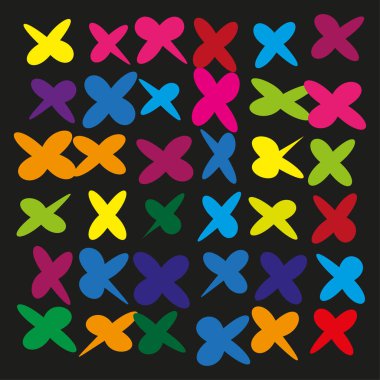 Renkli çapraz şekiller. Soyut kaotik desen. Canlı bir işaret çizimi. Vektör siyah arkaplan. EPS 10.