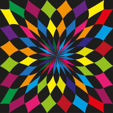 Dairesel elmas deseni. Renkli radyal tasarım. Geometrik spin çizimi. Vektör enerjili arka plan. EPS 10.