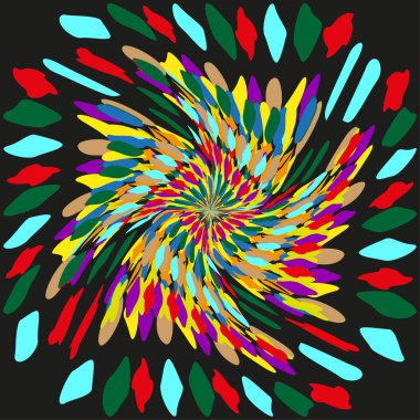 Döner konfeti deseni. Soyut geometrik Vektör. Renkli dinamik illüstrasyon. Karanlık arka plan sanatı. EPS 10.