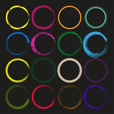 Renkli daire çerçeveler. Soyut halka elementleri. Canlı modern model. Vektör koyu arkaplan. EPS 10.