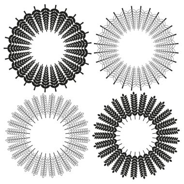 Buğday çemberi kalıpları. Tahıl kulağı tasarımı. Mısır gevreği taşıyıcısı elementi. Tarım yuvarlak illüstrasyon. EPS 10.