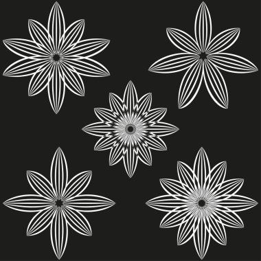 Çiçeksel geometrik desenler. Özet Çiçek Vektörü. Soyut dekoratif çizim. Karanlık arka plan seti. EPS 10.