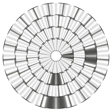 Soyut çember formu. Radyal çizgiler şekilli. Geometrik dönüş sembolü. Tek renkli vektör deseni. EPS 10.