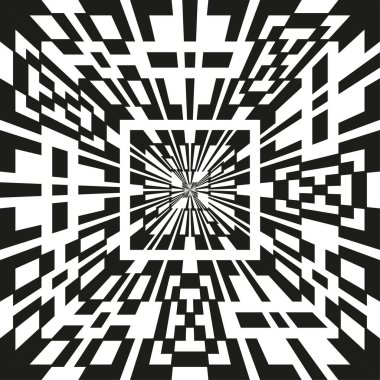 Radyal geometrik vektör deseni. Hipnotik yıldız patlaması tasarımı. Soyut siyah beyaz çizimi. Optik sanat öğesi. EPS 10.