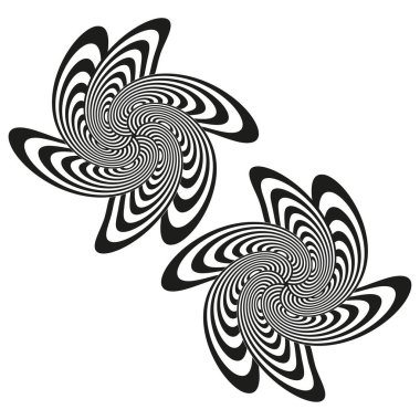 Soyut çiçek şekilleri. Optik illüzyon tasarımı. Dönen vektör formları. Siyah beyaz yapraklar. EPS 10.