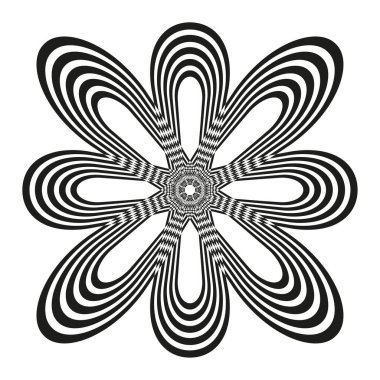 Soyut çiçek çizimi. Hipnotik çiçek deseni. Optik illüzyon tasarımı. Vektör dekorasyon elemanı. EPS 10.