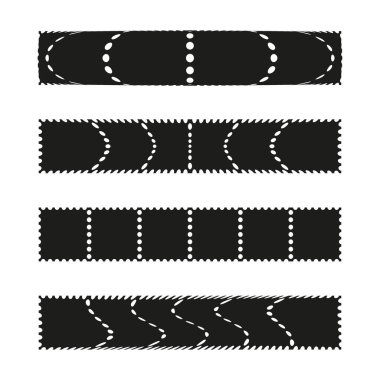 Üç şeritli set. Dekoratif delinme çizgileri. Siyah beyaz soyut. Vektör kağıt elementi. EPS 10.