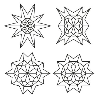 Soyut geometrik yıldızlar. Dikenli çizgi motifi. Tek renkli dekoratif element. Vektör sanat illüstrasyonu. EPS 10.