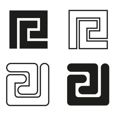 Kare spiral semboller. Dört geometrik şekil. Kara dolgu elementleri Vektör soyut kümesi. EPS 10.