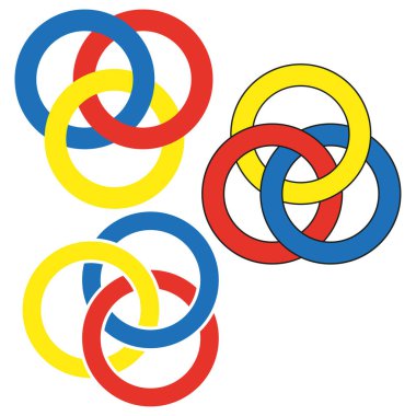 Birbirine dolanmış üç daire. Soyut dönüş sembolleri. Sendika grafik vektörü. Renkli geometrik amblem. EPS 10.