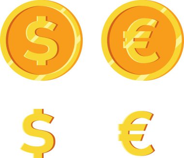 Euro sikkeleri ayarlandı. Dolar sikkeleri ayarlandı. vektör illüstrasyonu.