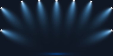 Koyu sahne arkaplan vektör illüstrasyonunda mavi spot ışıkları