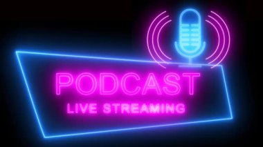 Podcast logosu neon ışık efekti yeşil ekran arkaplanı