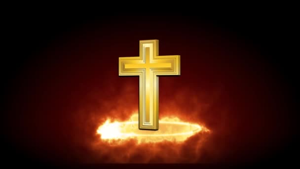 Christian Złoty Kolor Krzyża Symbol Obracający Się Tle Ogień Zielony — Wideo stockowe