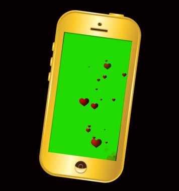 Kalbi sembol yeşil ekran arkaplanı gibi olan altın akıllı telefon