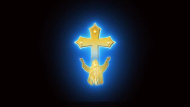 Lüks altın İsa sembolü, neon ışık efektiyle yeşil ekran arka planıyla dua ediyor.