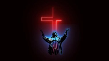 İsa 'nın yeşil ekran arka planında neon ışık efektiyle dua ettiğinin sembolü