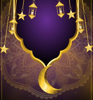 Lüks altın sahne İslami medya tanıtımı ve mandala süsü mor arka plan