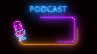 Renkli neon ışık efektli podcast logosu yeşil ekran arkaplanı