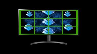 Parlayan ışıklar yeşil ekran arka planına sahip kontrol odası monitörü