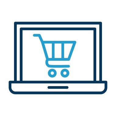 Alışveriş arabası simgesi olan dizüstü bilgisayar, çevrimiçi mağaza, vektör illüstrasyonu