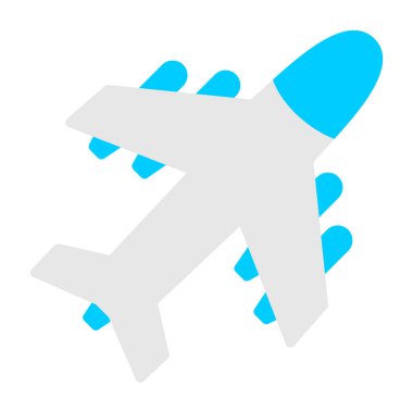 Hava jeti ikonu. Vektör illüstrasyonu, beyaz zemin üzerinde yumuşak mavi renkli düz ikonik semboldür. Web ve yazılım arayüzleri için dizayn edildi.