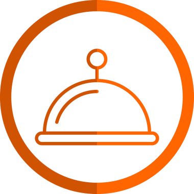 Restoran servis vektör simgesi. Stil düz sembol, yuvarlak turuncu renk, beyaz arkaplan,