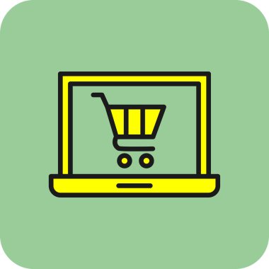 Alışveriş arabası simgesi olan dizüstü bilgisayar, çevrimiçi mağaza, vektör illüstrasyonu