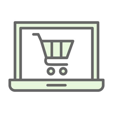 Alışveriş arabası simgesi olan dizüstü bilgisayar, çevrimiçi mağaza, vektör illüstrasyonu