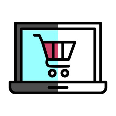 Alışveriş arabası simgesi olan dizüstü bilgisayar, çevrimiçi mağaza, vektör illüstrasyonu