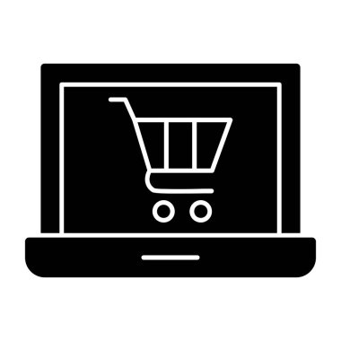 Alışveriş arabası simgesi olan dizüstü bilgisayar, çevrimiçi mağaza, vektör illüstrasyonu