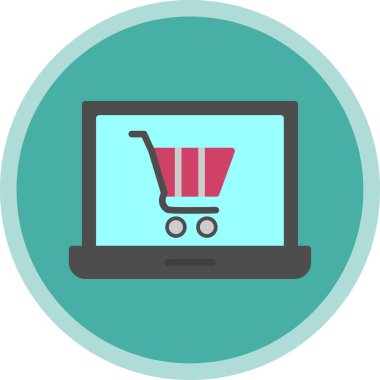 Alışveriş arabası simgesi olan dizüstü bilgisayar, çevrimiçi mağaza, vektör illüstrasyonu