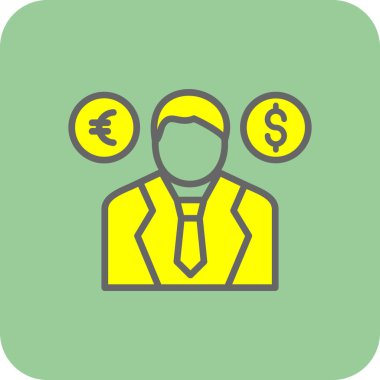 İş adamı ve dolar işareti vektör simgesi. bu yuvarlak kare düğme beyaz arkaplanda yeşil ve sarı renklerle çizilir.