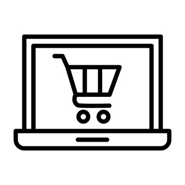 Alışveriş arabası simgesi olan dizüstü bilgisayar, çevrimiçi mağaza, vektör illüstrasyonu