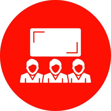 bir grup insan ikonu. Vektör biçimi düz çember sembolü, kırmızı renk, beyaz arkaplan.
