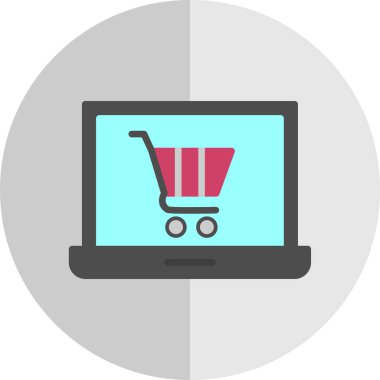 Alışveriş arabası simgesi olan dizüstü bilgisayar, çevrimiçi mağaza, vektör illüstrasyonu