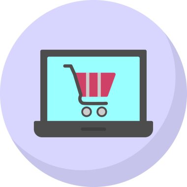 Alışveriş arabası simgesi olan dizüstü bilgisayar, çevrimiçi mağaza, vektör illüstrasyonu