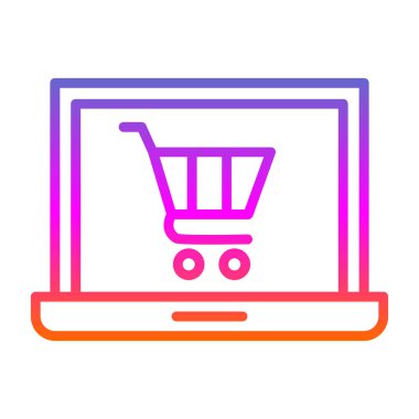 Alışveriş arabası simgesi olan dizüstü bilgisayar, çevrimiçi mağaza, vektör illüstrasyonu