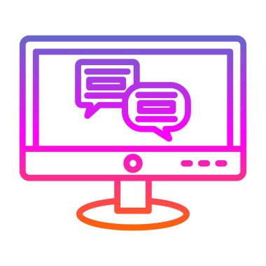 Sohbet baloncuklu bilgisayar monitörü. Web sitesi simgesi. Konuşma balonu. vektör illüstrasyonu