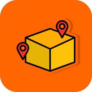 Turuncu arka planda izole edilmiş konum simgesiyle ana hatlı teslimat kutusunu doldurdum. Paketle birlikte paket kutusu, teslimat ulaşımı. Dağıtım. vektör.