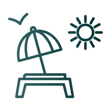 Güneş ve şemsiye çizgisi simgesi, yaz konsepti, beyaz arka planda tatil sembolü vektörü, mobil konsept için güneş şemsiyesi ve güneş ikonu