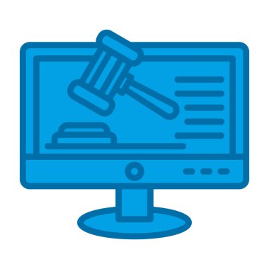Masaüstü bilgisayarı ve beyaz arkaplan üzerinde tokmak simgesi, düz tasarım, vektör illüstrasyonu ile hukuk ve adalet kavramı
