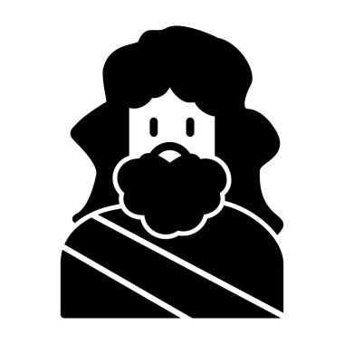 Beyaz arka planda siyah bir simge, sakallı ve siyah atkılı..